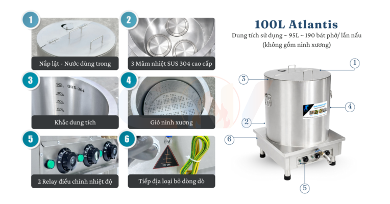 Nồi nấu phở 100 lít Atlantis Square đế vuông mâm nhiệt AL18100S 17 Nồi điện nấu phở 100L Atlantis mâm nhiệt