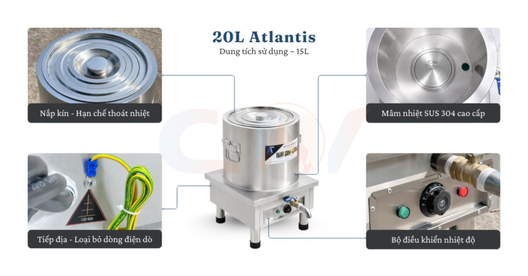 Nồi nấu phở 20 lít Atlantis Square đế vuông mâm nhiệt AL18620S
