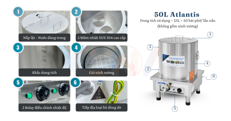 Nồi nấu phở 50 lít Atlantis Square đế vuông mâm nhiệt AL18650S