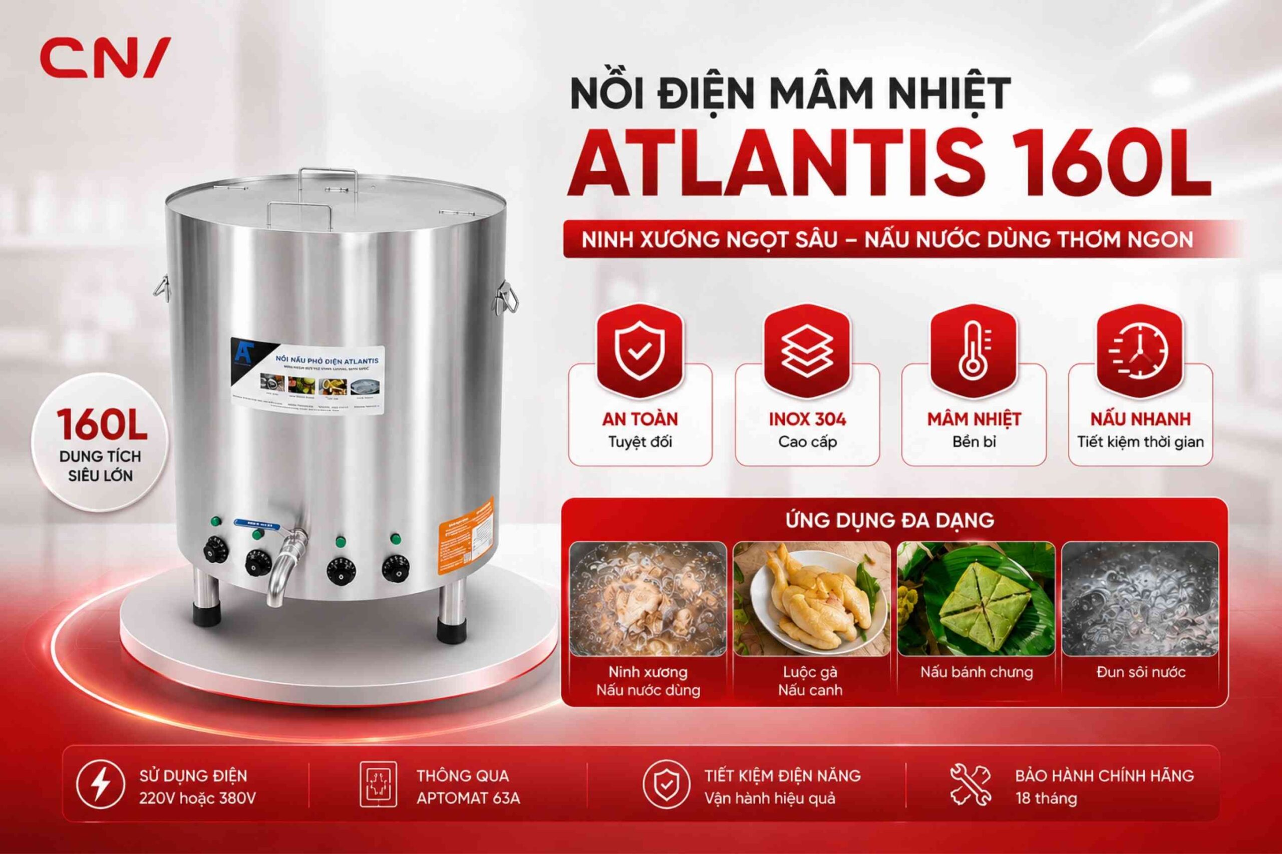 Nồi nấu phở 160 lít mâm nhiệt Atlantis Ames – AL18160M 2 Banner nồi phở điện mâm nhiệt atlantis 160l đế tròn