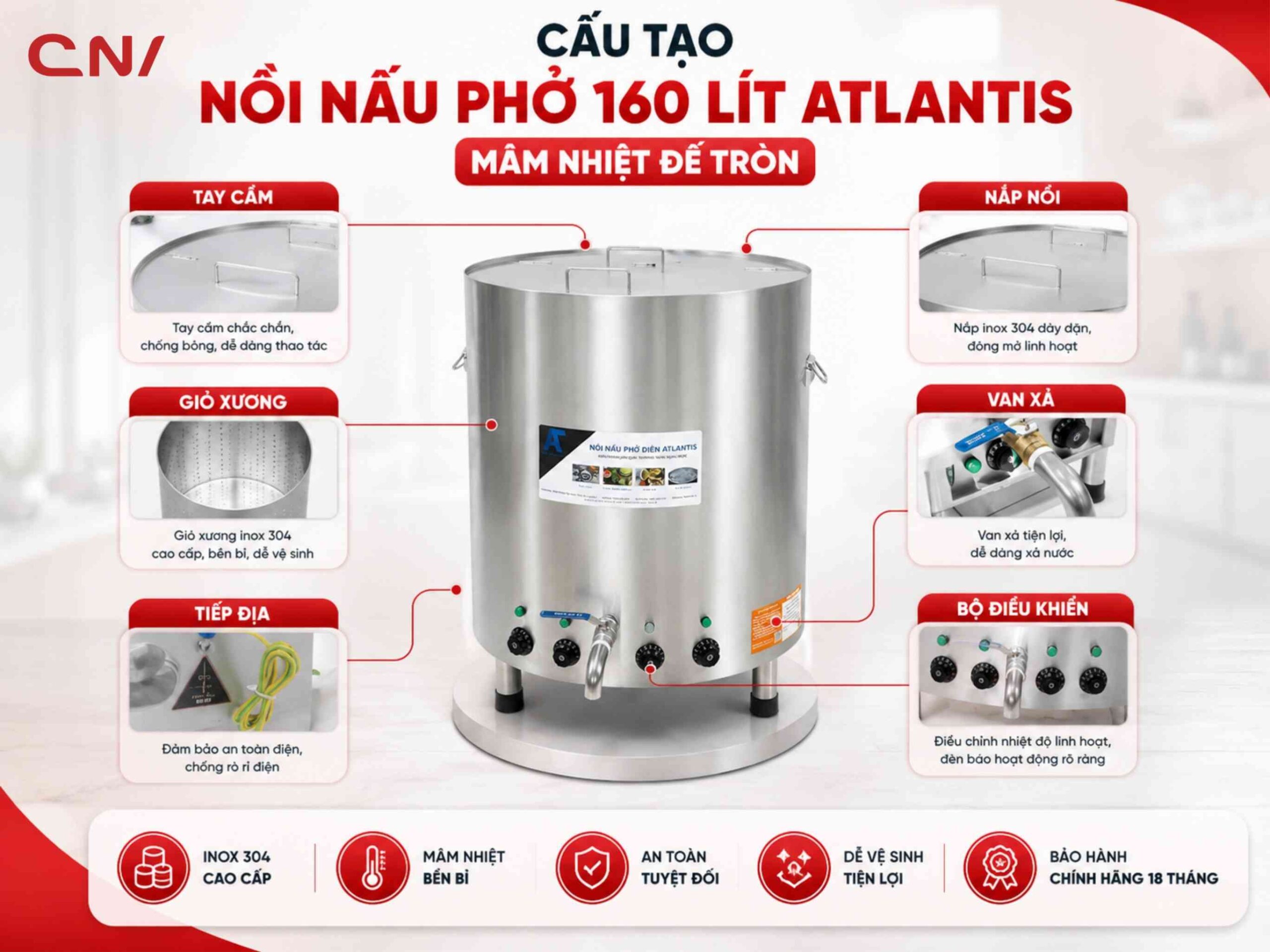 Nồi nấu phở 160 lít mâm nhiệt Atlantis Ames – AL18160M 3 Cấu tạo nồi phở điện atlantis 16 lít đế tròn